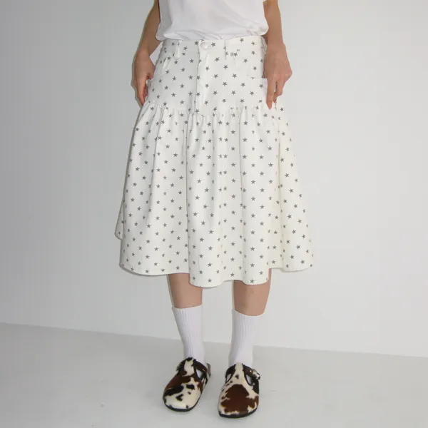 SHIRRING FLARE MID SKIRT WHITE STAR