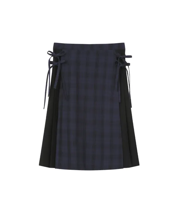 Side bow pleats midi skirt CHECK