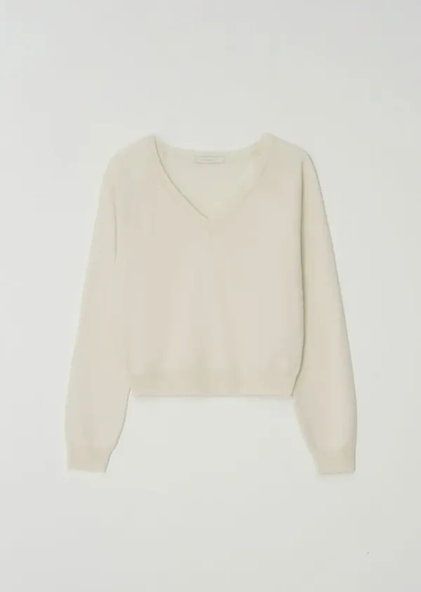 merino wool V-neck knit top-ivory