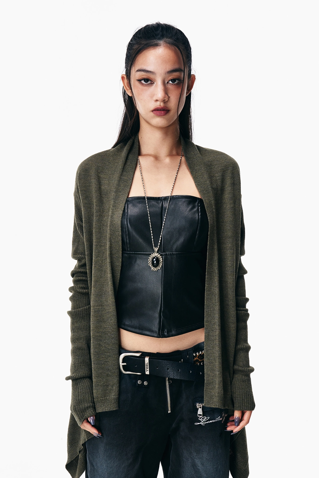 와이이이엘 DRAPED BUTTON-DETAIL OPEN CARDIGAN KHAKI 상품 이미지 2
