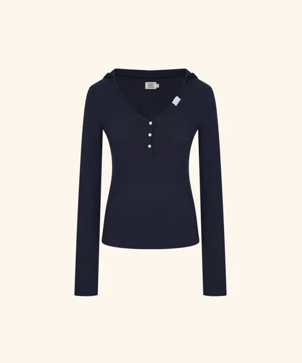 Letters V-Neck Soft Hoodie T-Shirt (Navy)