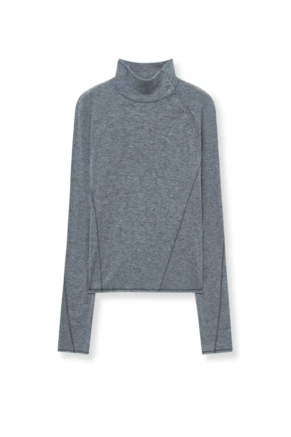 BUTTON SLIT HALF NECK TOP IN GREY