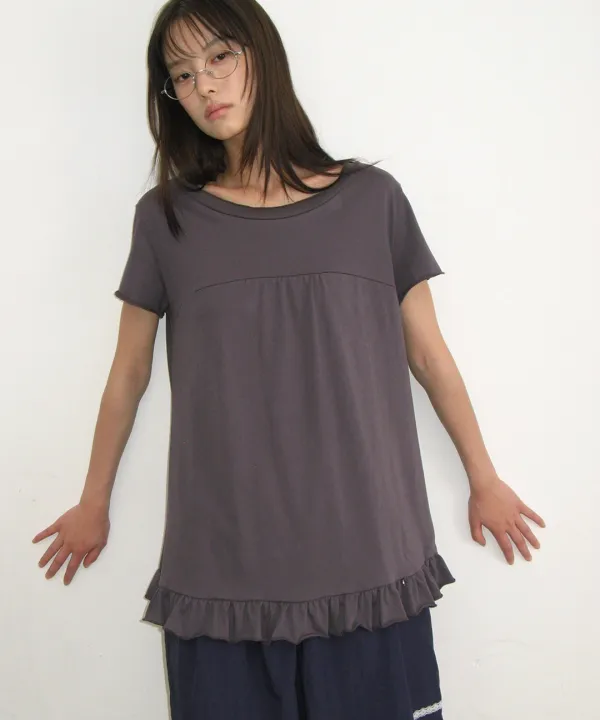 STRING SHIRRING RUFFLE T SHIRT CHARCOAL