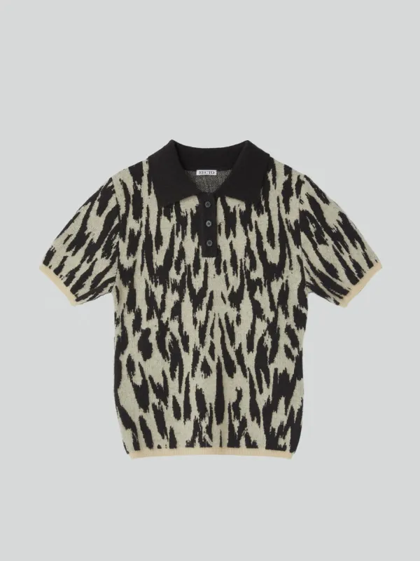LEOPARD JACQUARD POLO KNIT TOP (DARK BROWN)