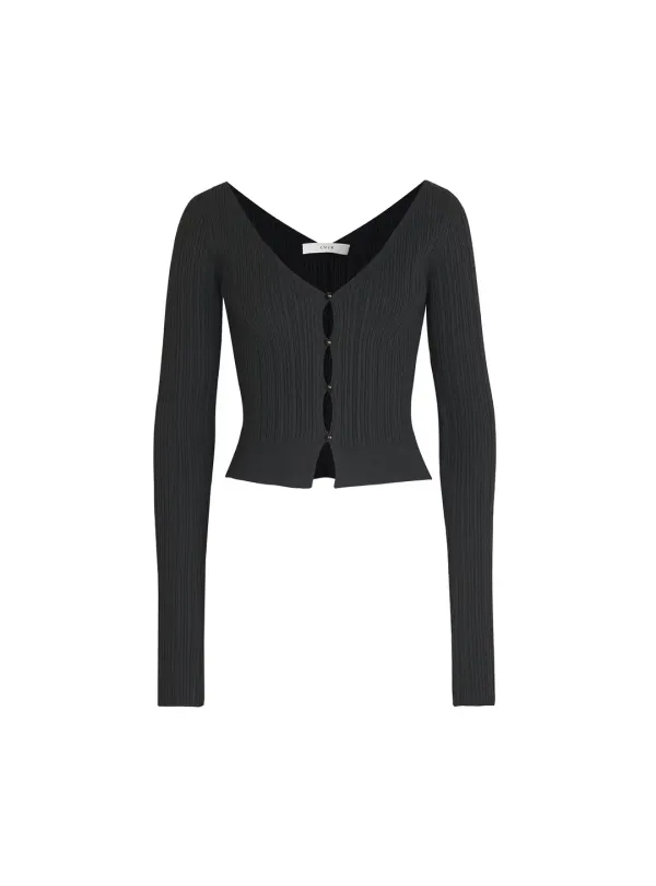 RIBBED CROP KNIT V-NECK CARDIGAN (BLACK)
