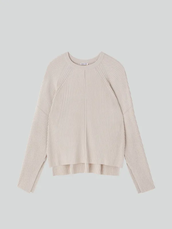 SLIT-CUFFS RIBBED KNIT TOP (LIGHT BEIGE)