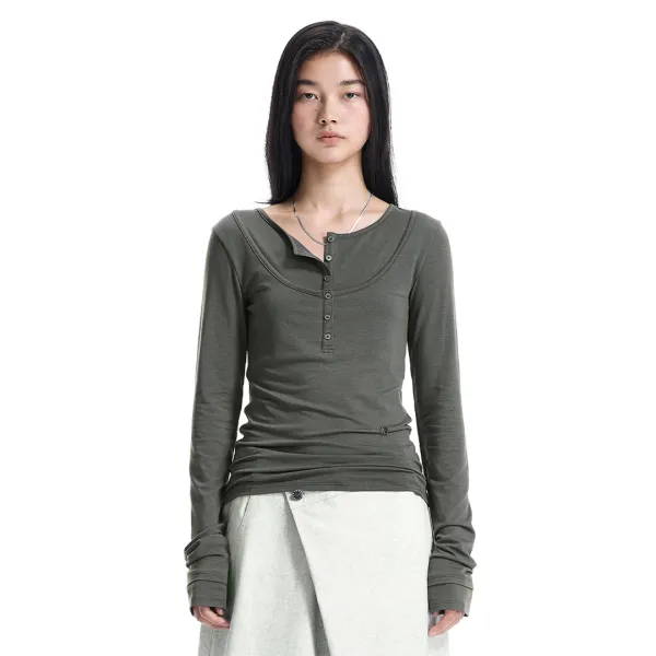 Double-Layered Henley-Neck T-Shirt [ Charcoal ]