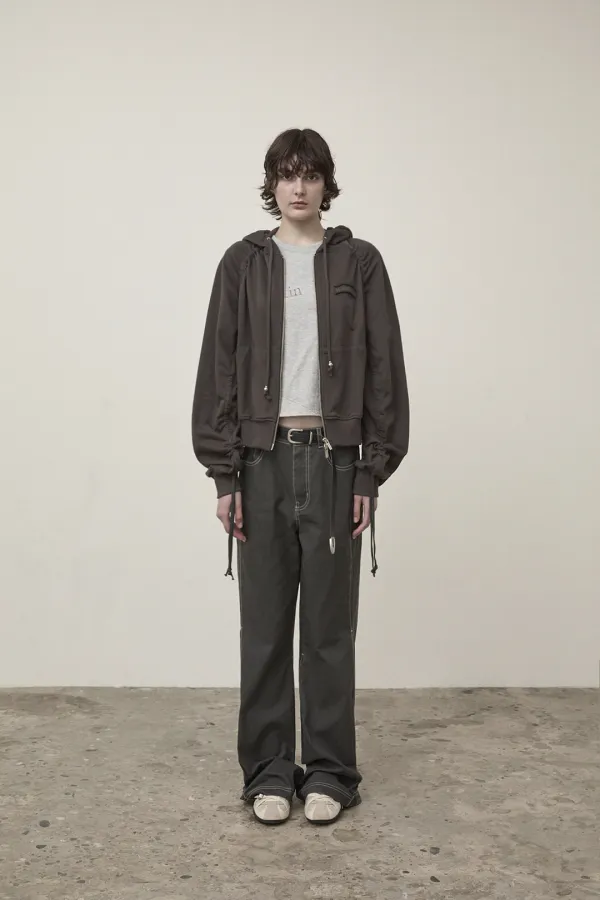 SLEEVE STRING DETAIL HOODY ZIP UP IN CHARCOAL