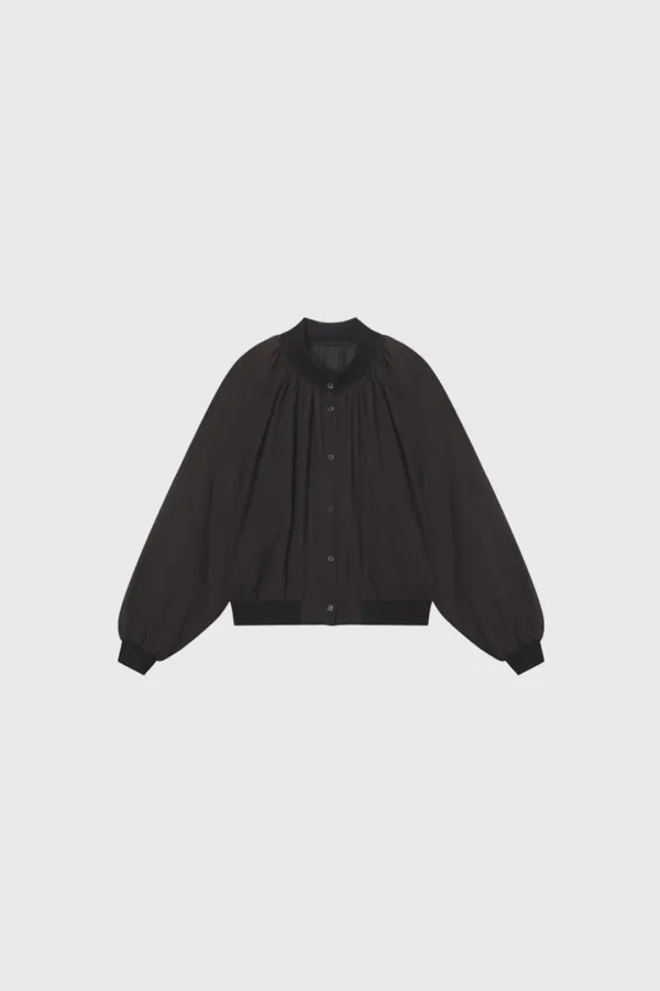 Sheer Ribbed High Neck Blouse (Light Gray / Brown)