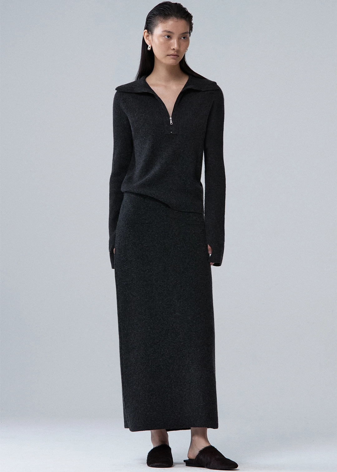 우마뭉 Wool cashmere double faced maxi skirt_Graphite 상품 이미지 2