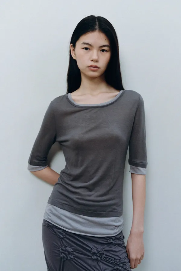 LAYERED HALF SLEEVE T-SHIRT, CHARCOAL