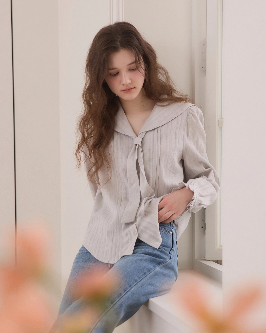 어다울 Sailor tie stripe blouse - ash mint 상품 이미지 3