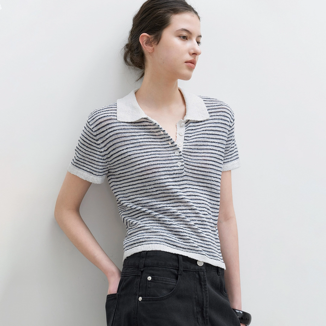 아뜰리에 나인 (T-7244)BOUCLE COLLAR STRIPED KNIT 상품 이미지 1
