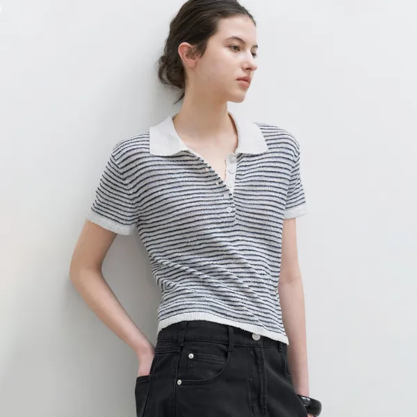 (T-7244)BOUCLE COLLAR STRIPED KNIT