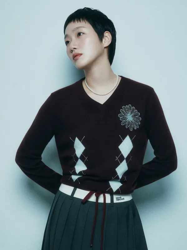 CASHMERE BLENDED V NECK ARGYLE_BURGUNDY MINT