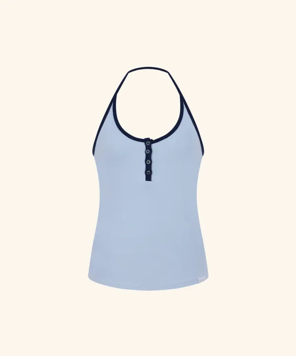 Letters Contrast-Trim Halter Top (Sky Blue)