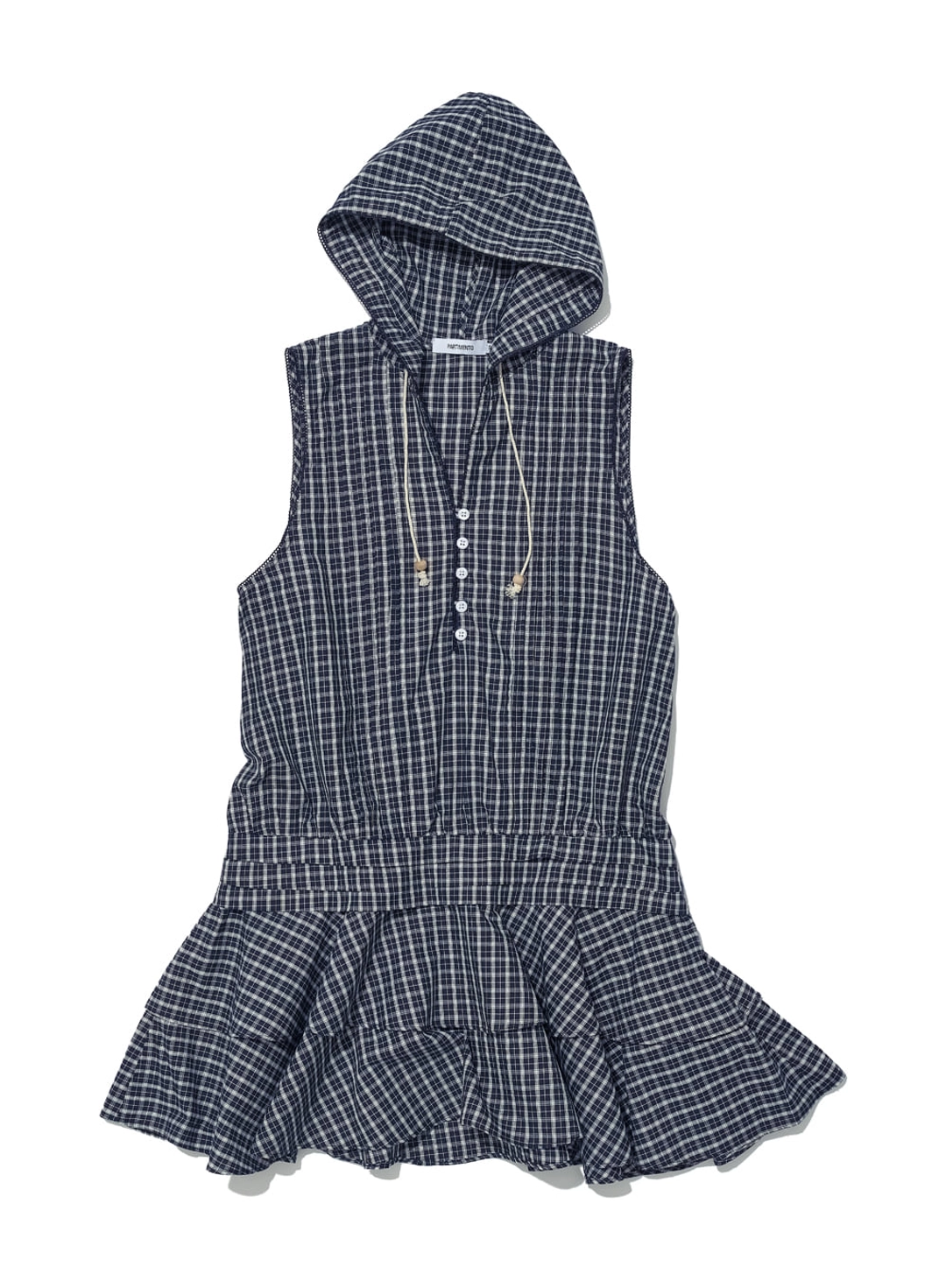 파르티멘토 [WOMEN] HOODED RUFFLE-HEM TUNIC DRESS_NAVY CHECK 상품 이미지 1