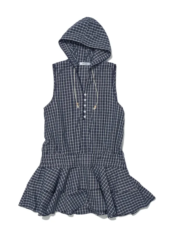 [WOMEN] HOODED RUFFLE-HEM TUNIC DRESS_NAVY CHECK