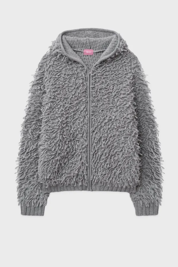 Sinoon Fringe Hooded Knit Zip-up (Melange Grey)