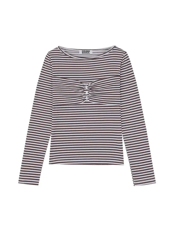 [Laet one] STRIPED RIBBON BUTTON TOP_BROWN