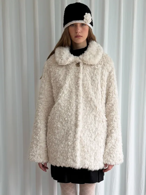 ROUND COLLAR FUR COAT - IVORY