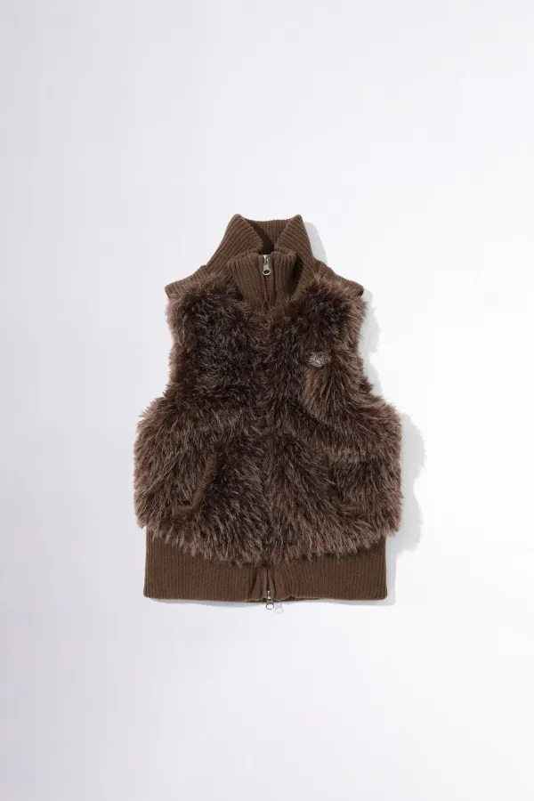 Faux Fur Zip-Up Vest Brown