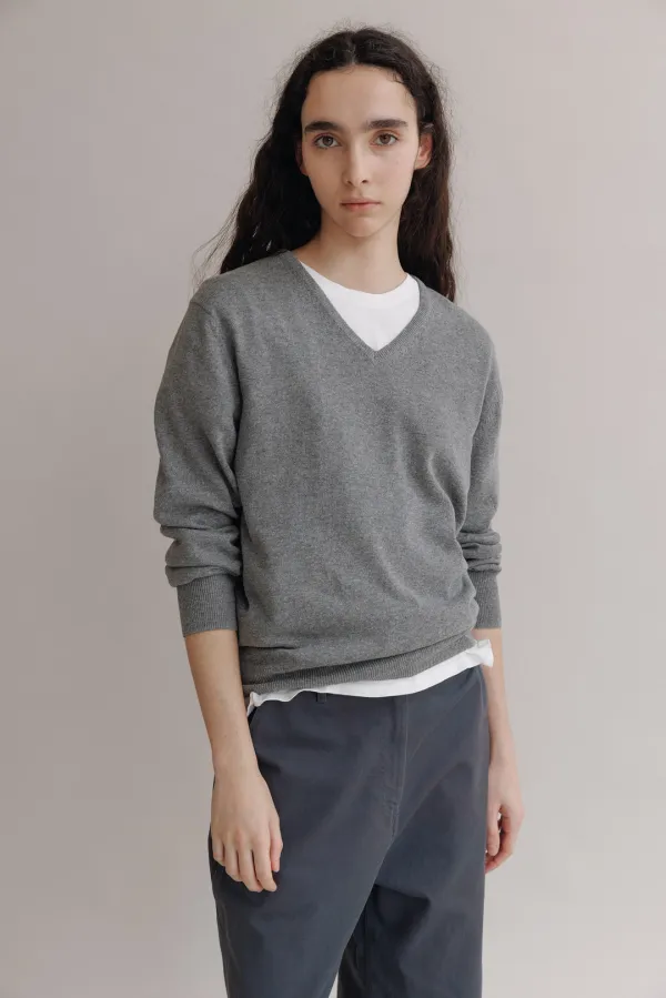Cotton v-neck knit (Gray)