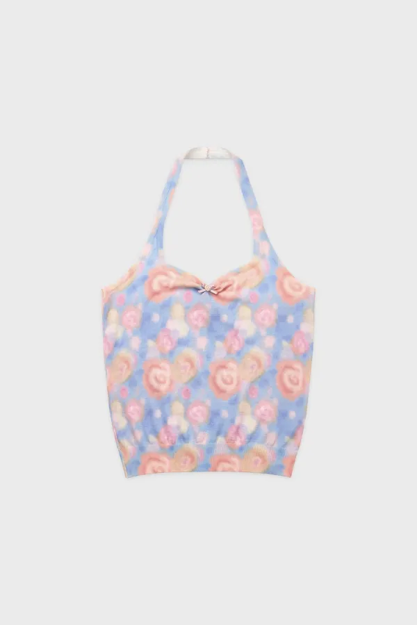 Rose Floral Knit Halter Top (Blue)