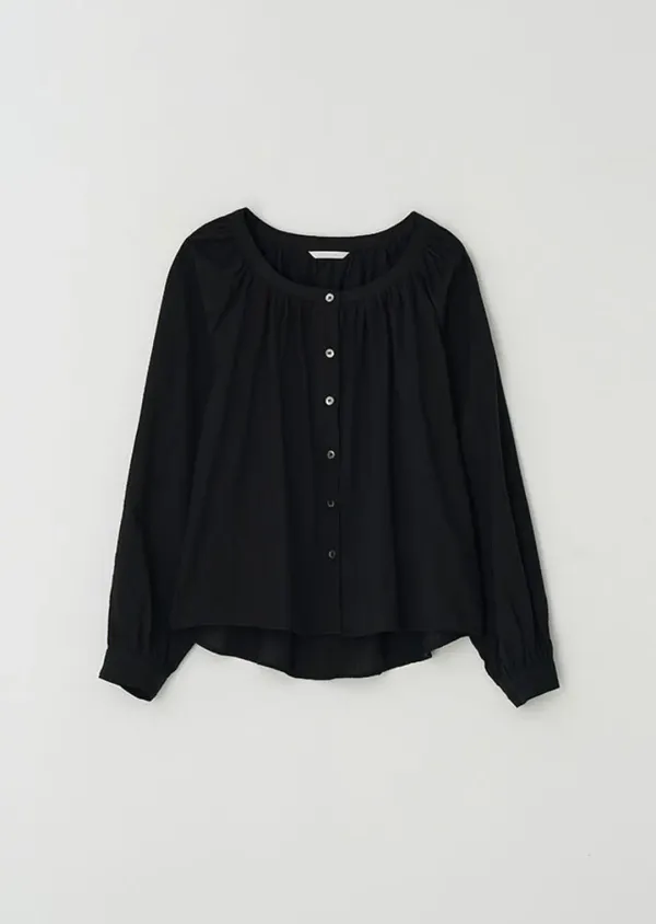 [10%] stripe shirring volume blouse-black