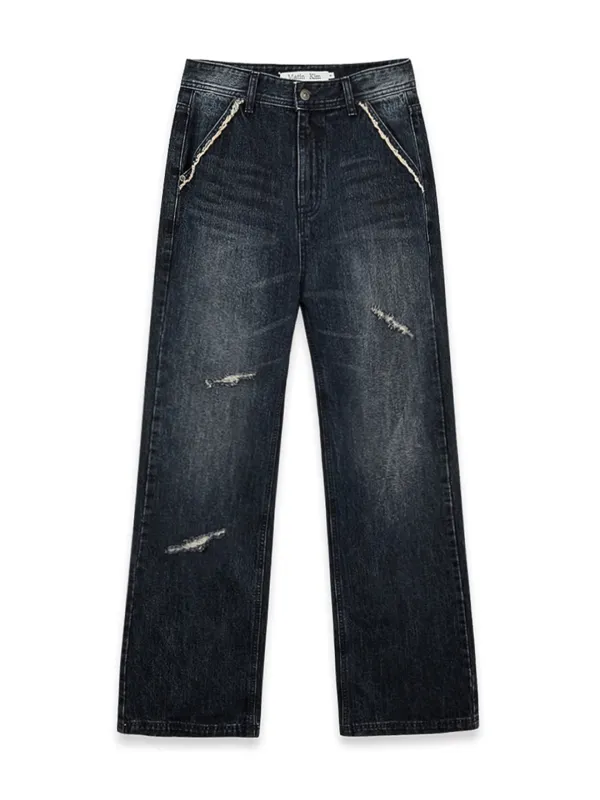 SEMI BOOTS CUT WASHED DENIM PANTS IN NAVY