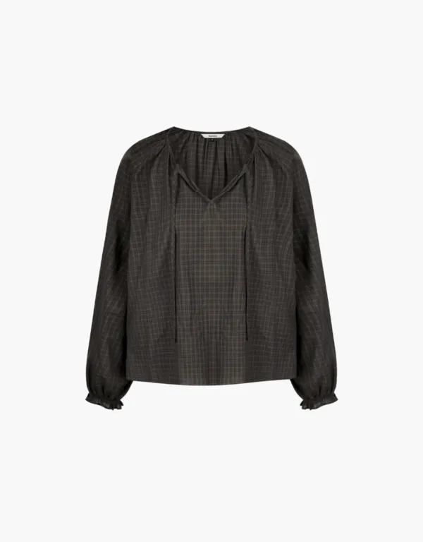 neck string ribbon check blouse - brown check