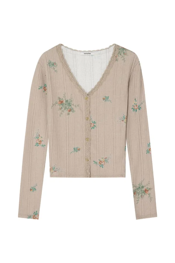 FLORAL LACE RIBBED CARDIGAN (BEIGE)