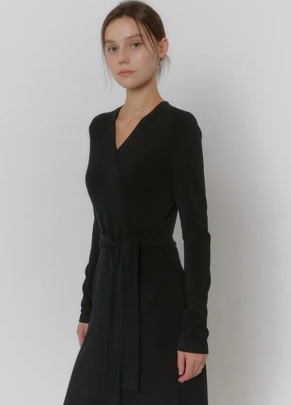 [44-120]  Verirozi V-neck Warp Dress  베리로지 브이-넥 랩 드레스 (겨울-가을-데일리룩-출근룩-이지웨어-롱원피스-꾸안꾸-롱슬리브-랩-브이넥-브이넥원피스-긴팔원피스-페미닌-슬림핏-자체제작) - MICANE