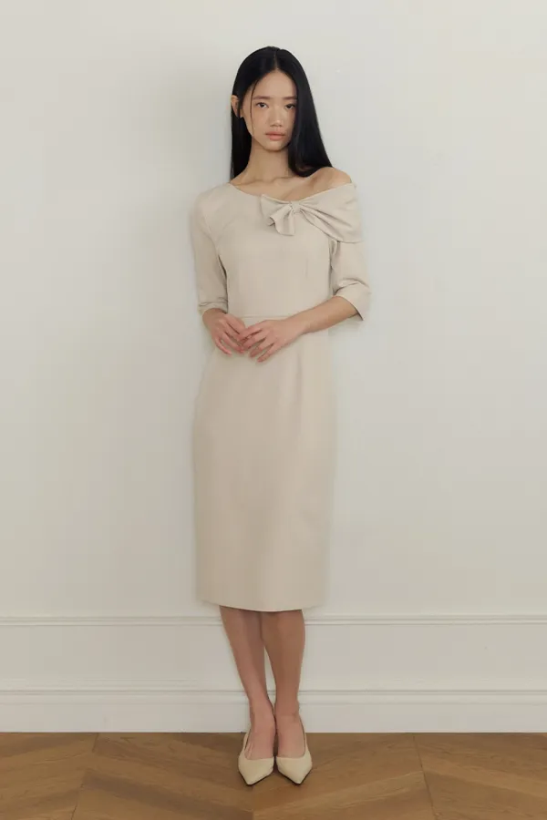 One-Shoulder Ribbon Drape Dress (beige)