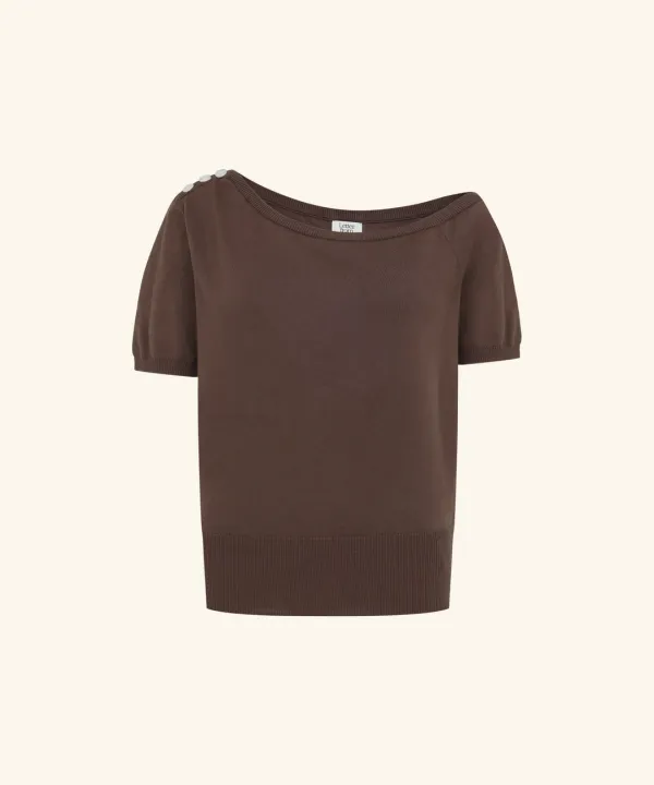 Pony Button Off-Shoulder Half Knit ( Brown )
