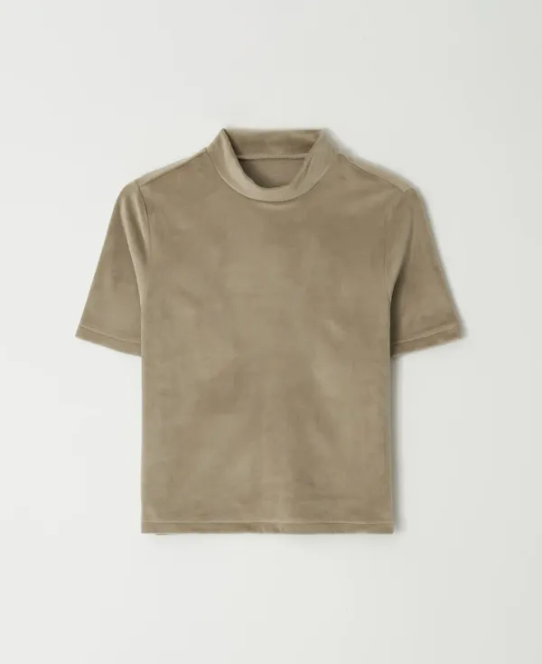 Velvet Mock Neck T Shirts_BEIGE