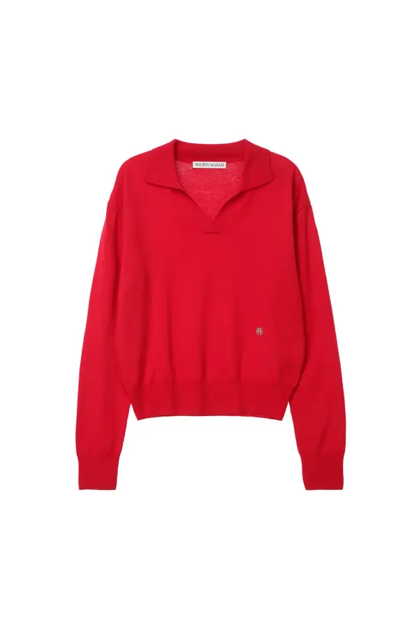 Spread-collar Knit Top, Red