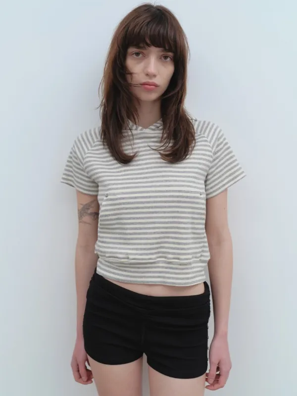 Ribbed Short Sleeve Hoodie [Melange Gray]