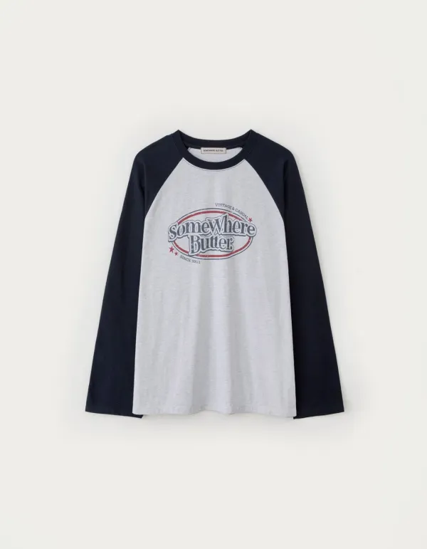 [김가을 PICK] Wave Logo Raglan Long Top - White Melange(Navy)