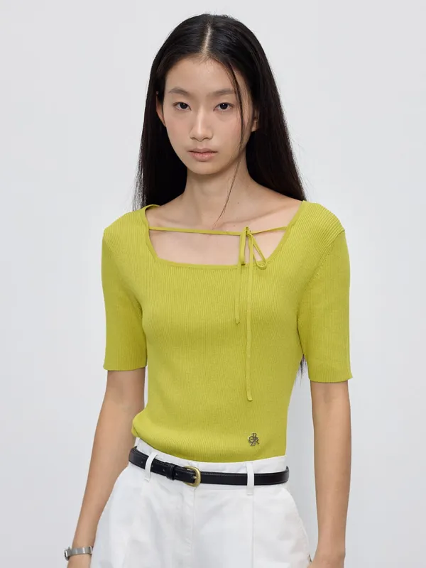 골지 스퀘어넥 5부 니트_YELLOW GREEN