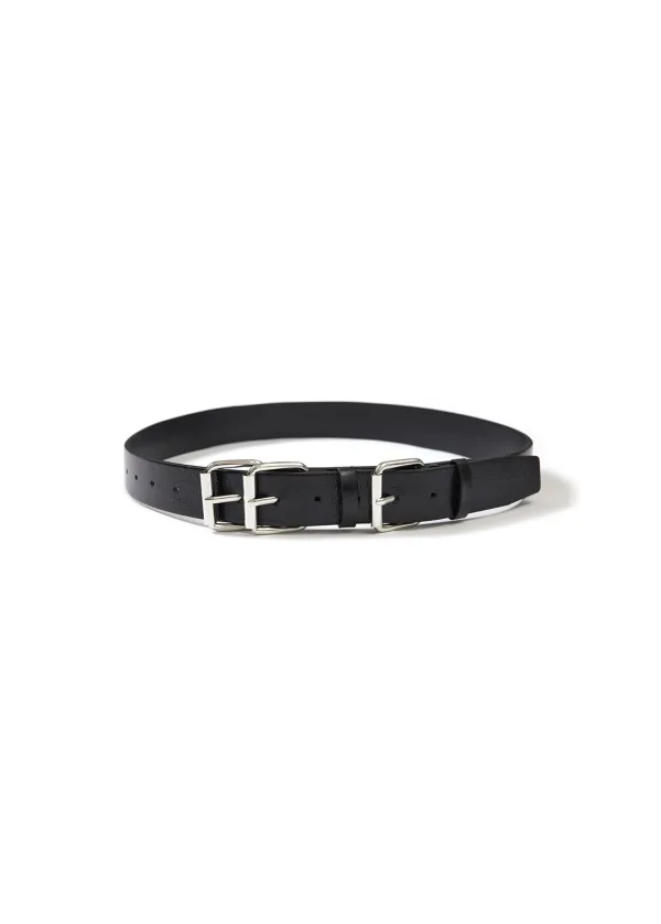 TRIPLE BUCKLE LEATHER BELT (BLACK)
