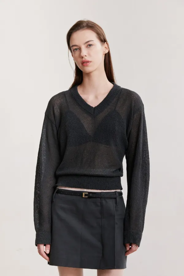 SEE-THROUGH V-NECK KNIT TOP (CHARCOAL)