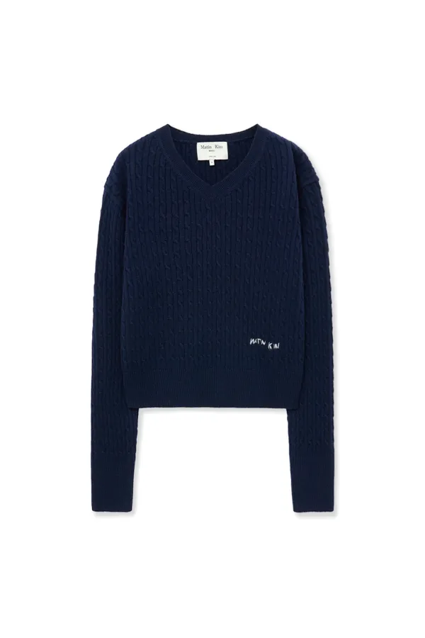 SHINY CABLE PULLOVER IN NAVY