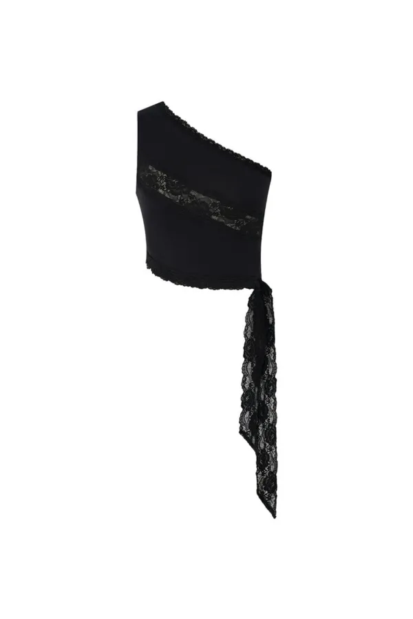 LACE PANEL ONE SHOULDER TOP (BLACK)
