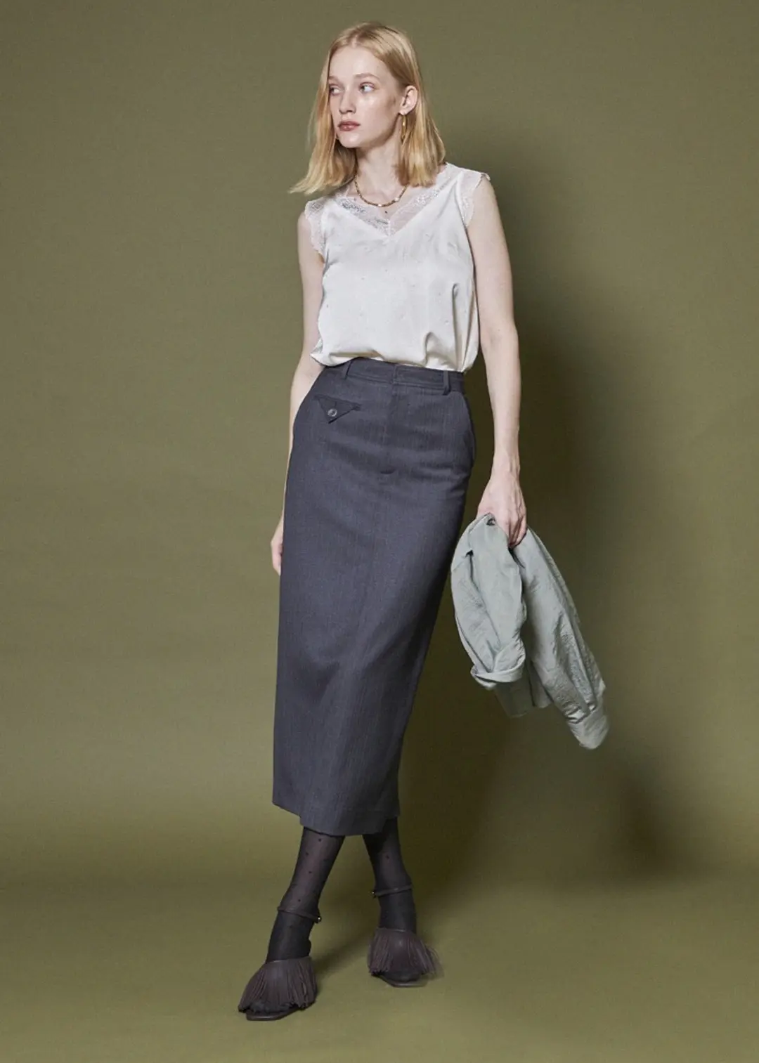 메종드이네스 BUTTON POCKET H-SKIRT_GRAY 상품 이미지 2