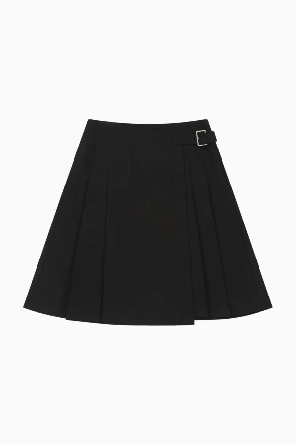 WOOL PLEATED WRAP SKIRT, BLACK