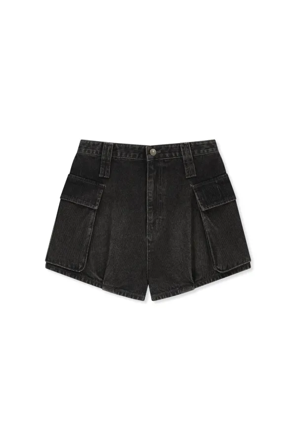 WASHED RIB DENIM BALLOON SHORTS IN DARK GREY