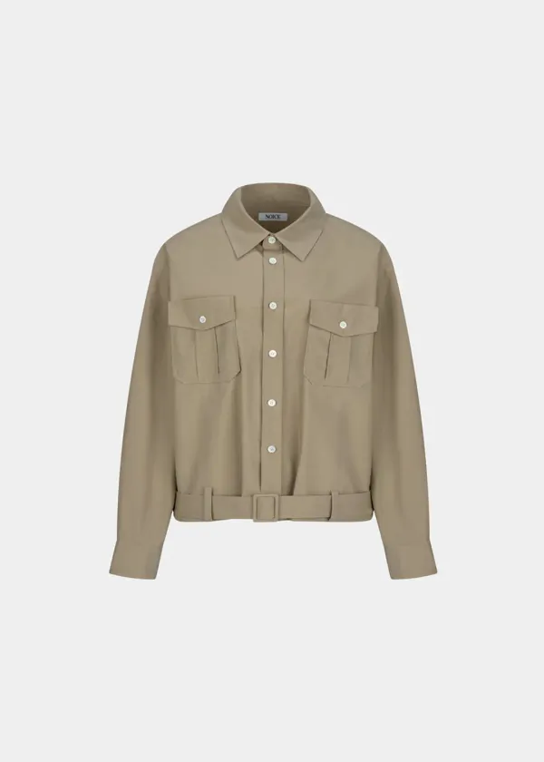 W BELTED COTTON CROP SHIRT - BEIGE