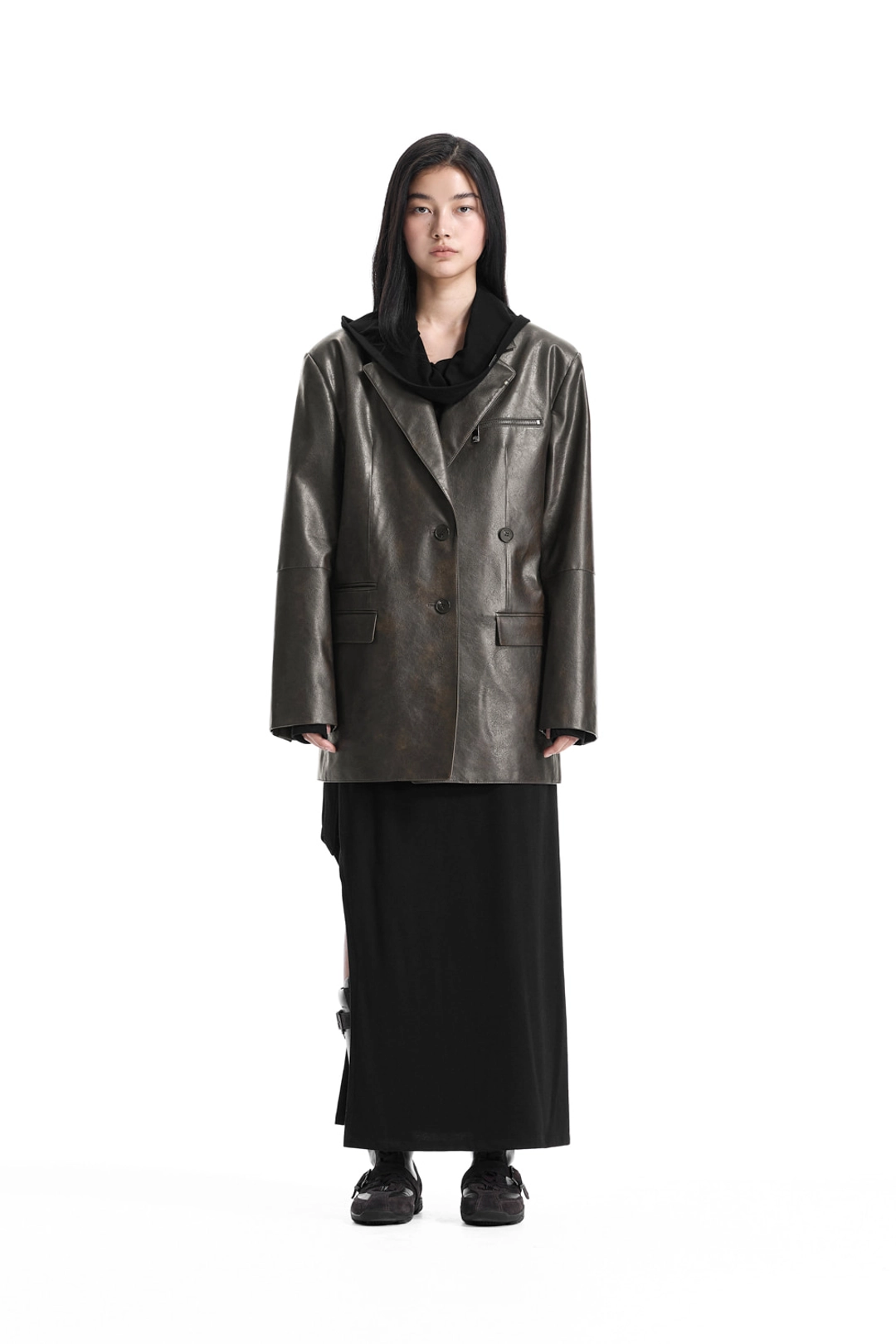 트리밍버드 Metal-Ring Oversized Leather Jacket [ Brown ] 상품 이미지 2