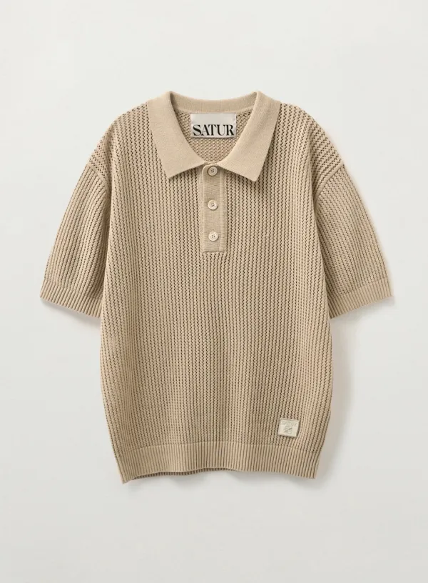 Pointelle Collar Half Knit - Beige